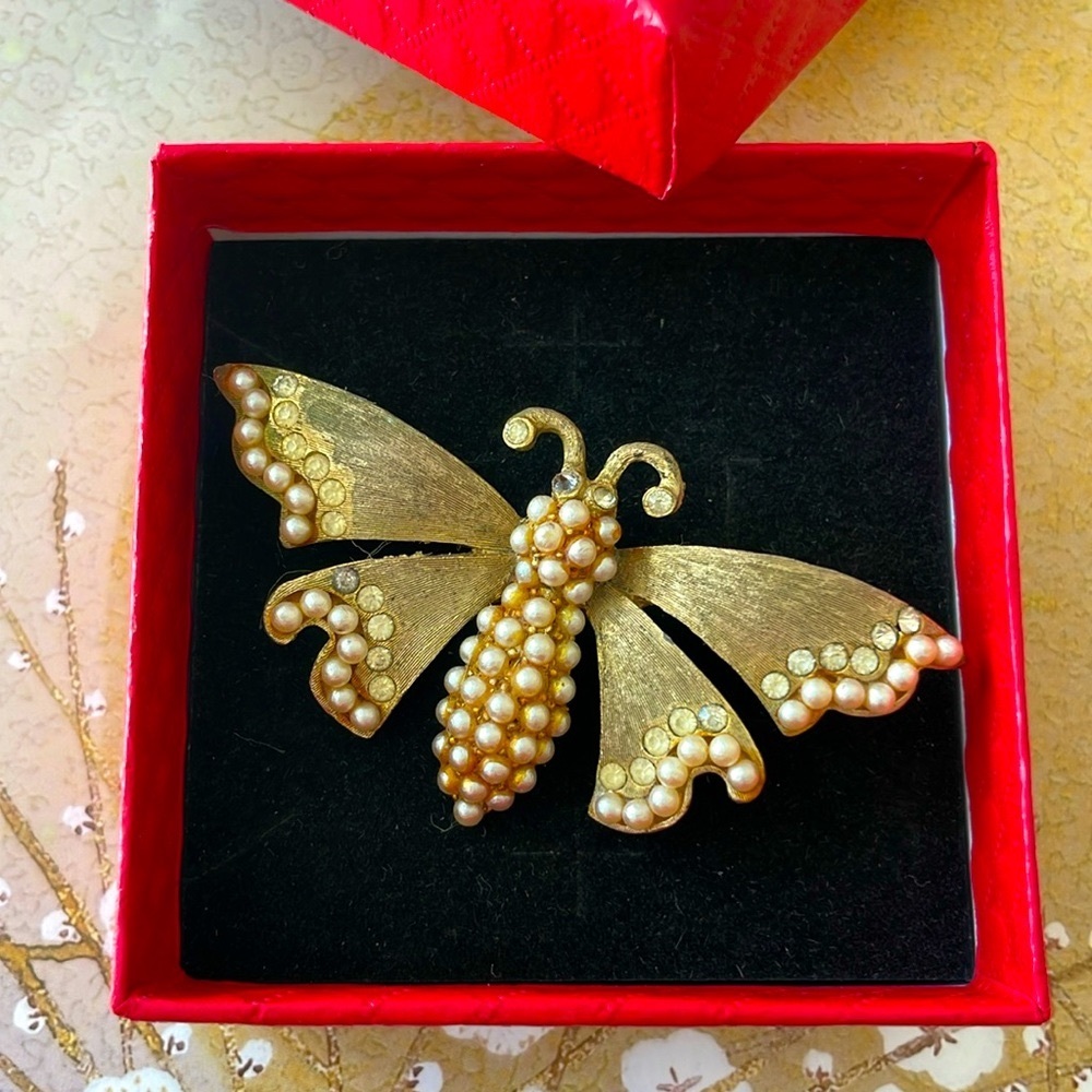 Vintage Butterfly or Moth Pin with Faux Pearls by Ledo 1961
